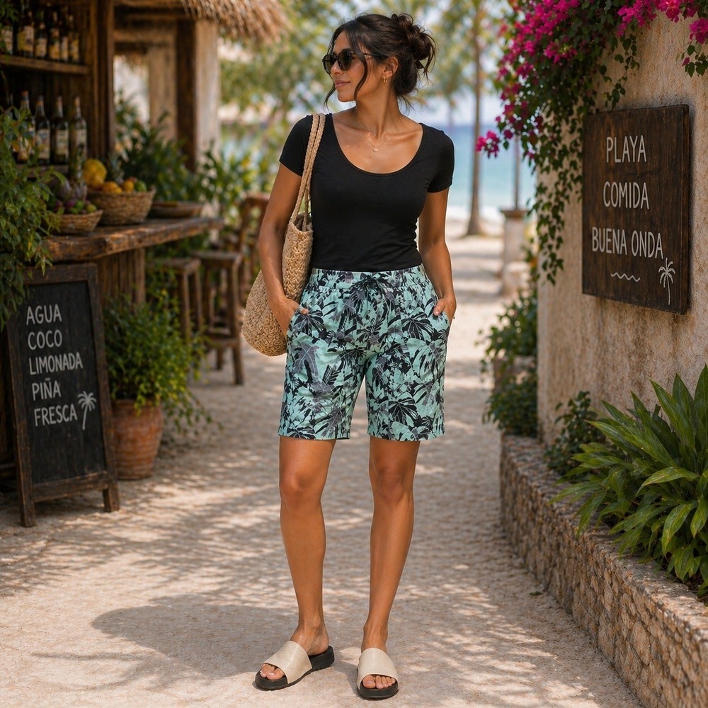Twenty Montreal Hyper Reality Knit Monstera Leaf Shorts Blue Grey NWT SM Resort